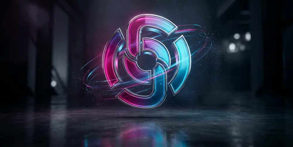 3D logo mark in chrome and magenta-cyan glass with orbiting light trails